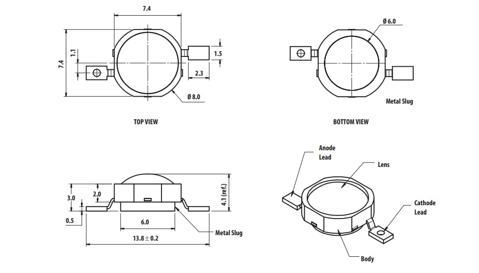Mechanical Drawing - Broadcom ASMT-Ax3x 3W Power LED Light Source Mechanical Drawing - Broadcom ASMT-Ax3x 3W Power LED Light Source