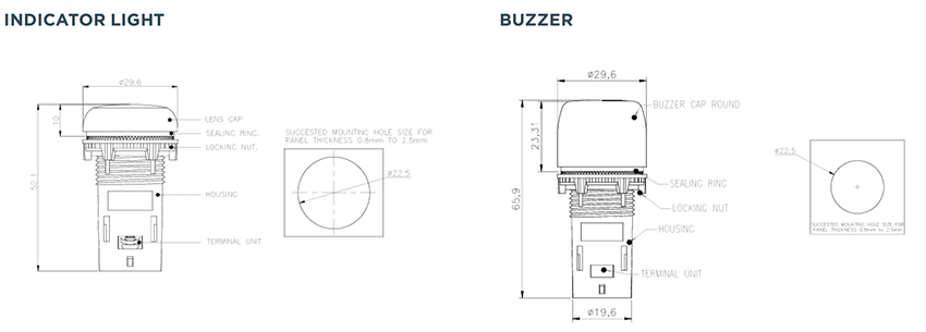 Mechanical Drawing - TE Connectivity / Alcoswitch LED Indicator Lights (ILE) & Buzzers (IBE)
