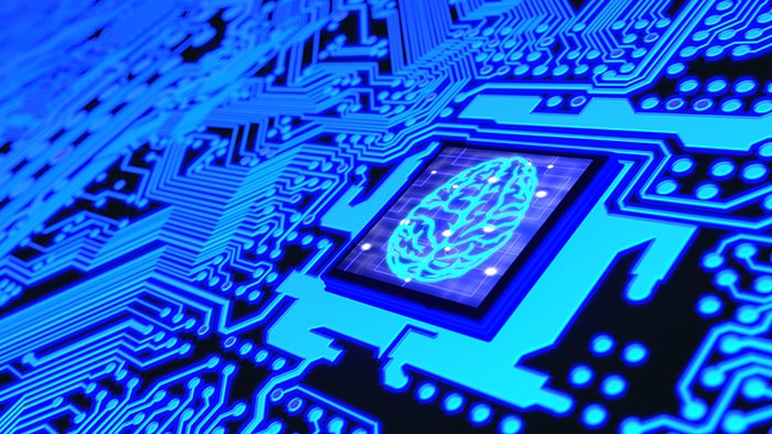 Blue glowing circuit board and a CPU with a brain symbol on top machine learning concept 3D illustration