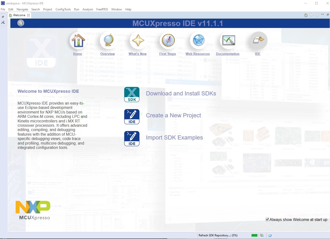 The MCUXpresso IDE at the initial launch.